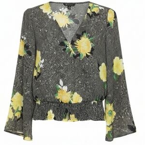 I.N.C (International Concepts) Floral Black/Yellow Long Sleeve Blouse Size Large